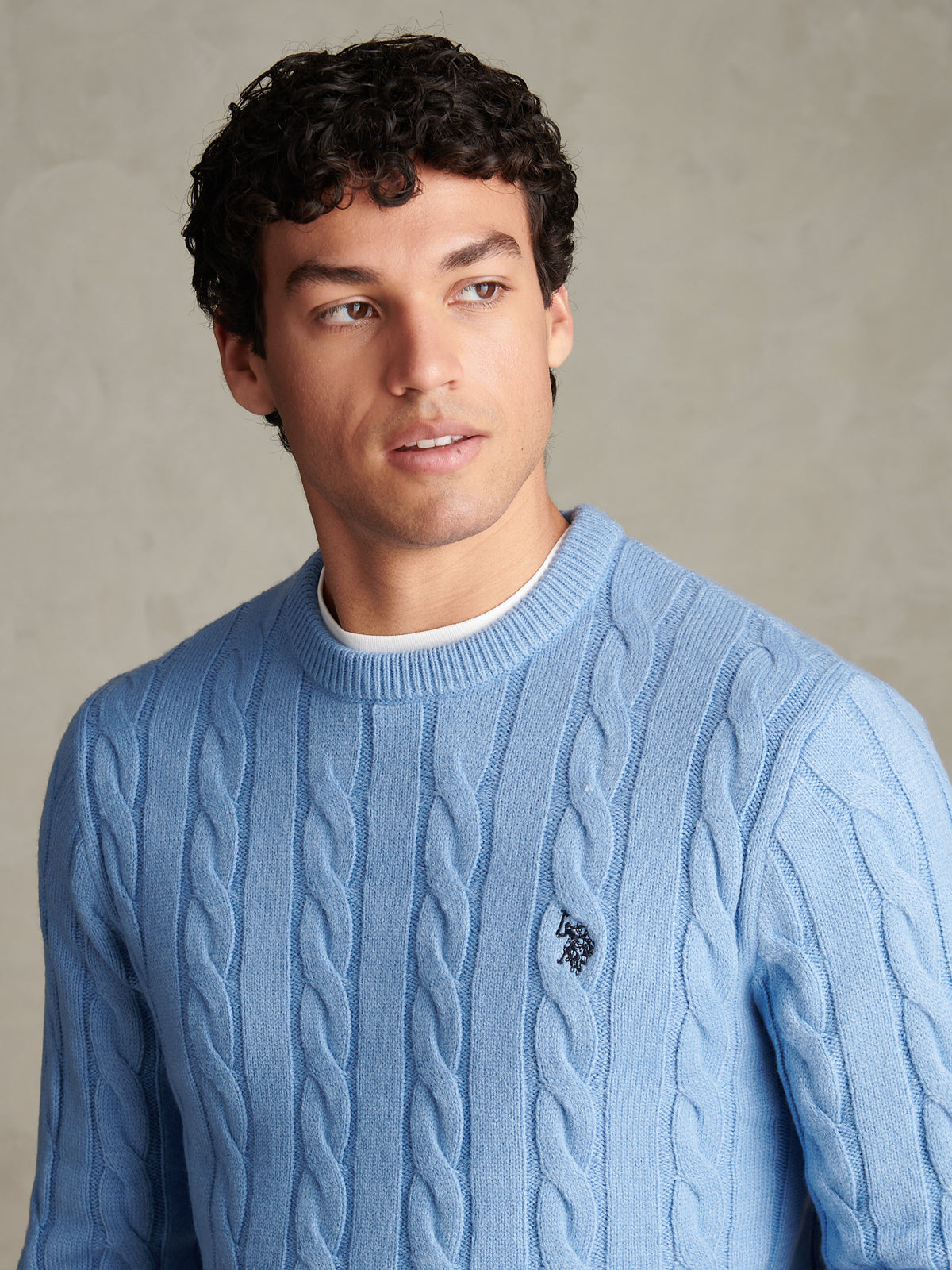 Mens Cable Knit Crew Neck Jumper Ashleigh Blue
