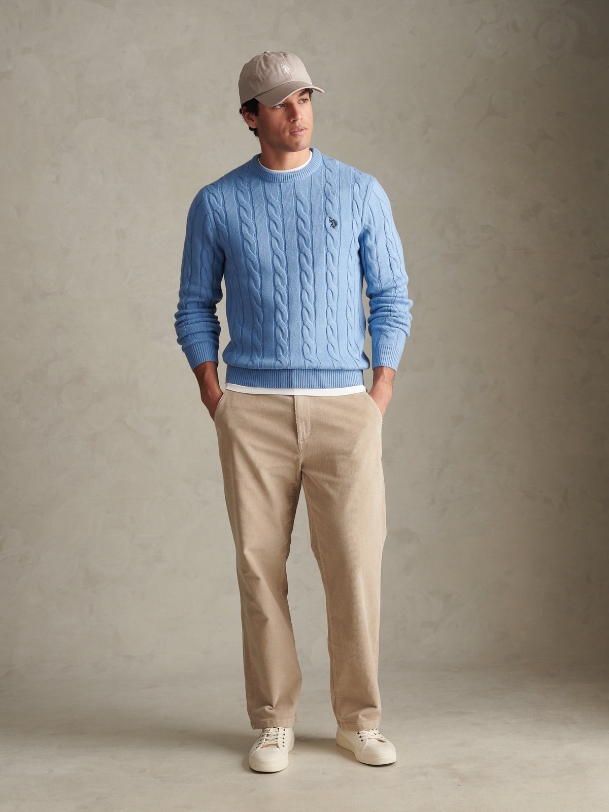 Mens Cable Knit Crew Neck Jumper Ashleigh Blue