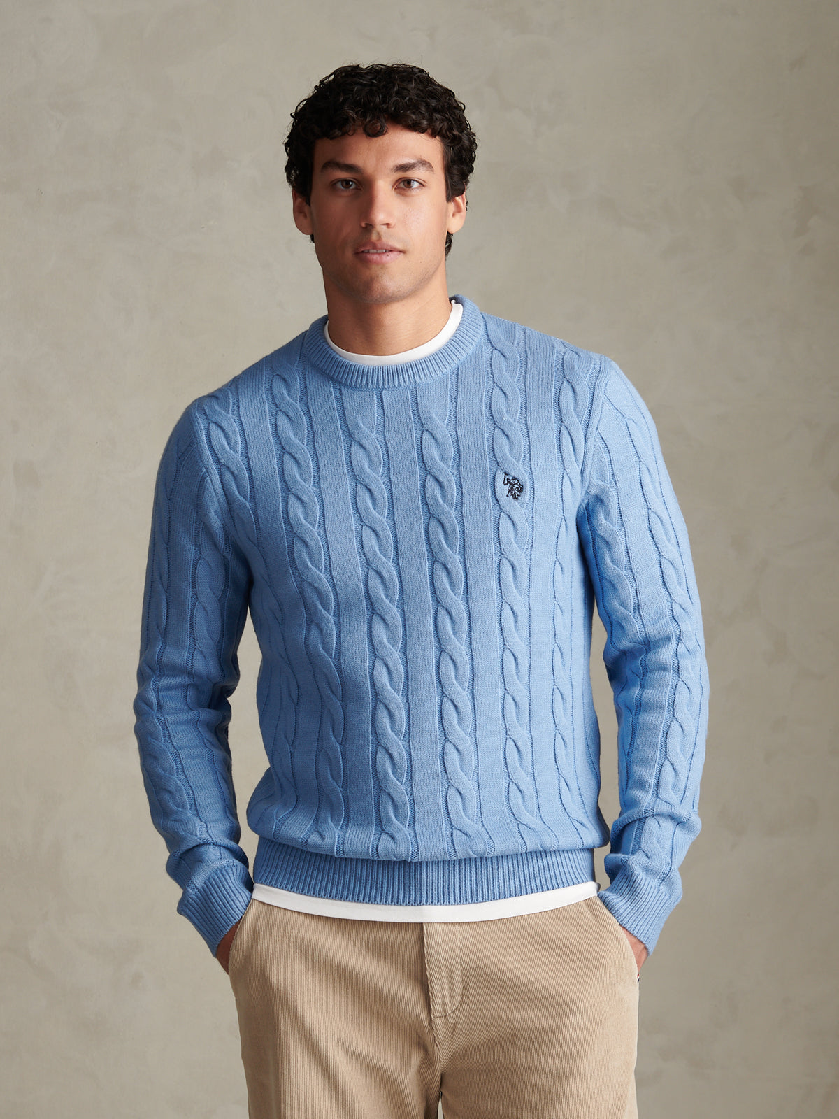 Mens Cable Knit Crew Neck Jumper Ashleigh Blue