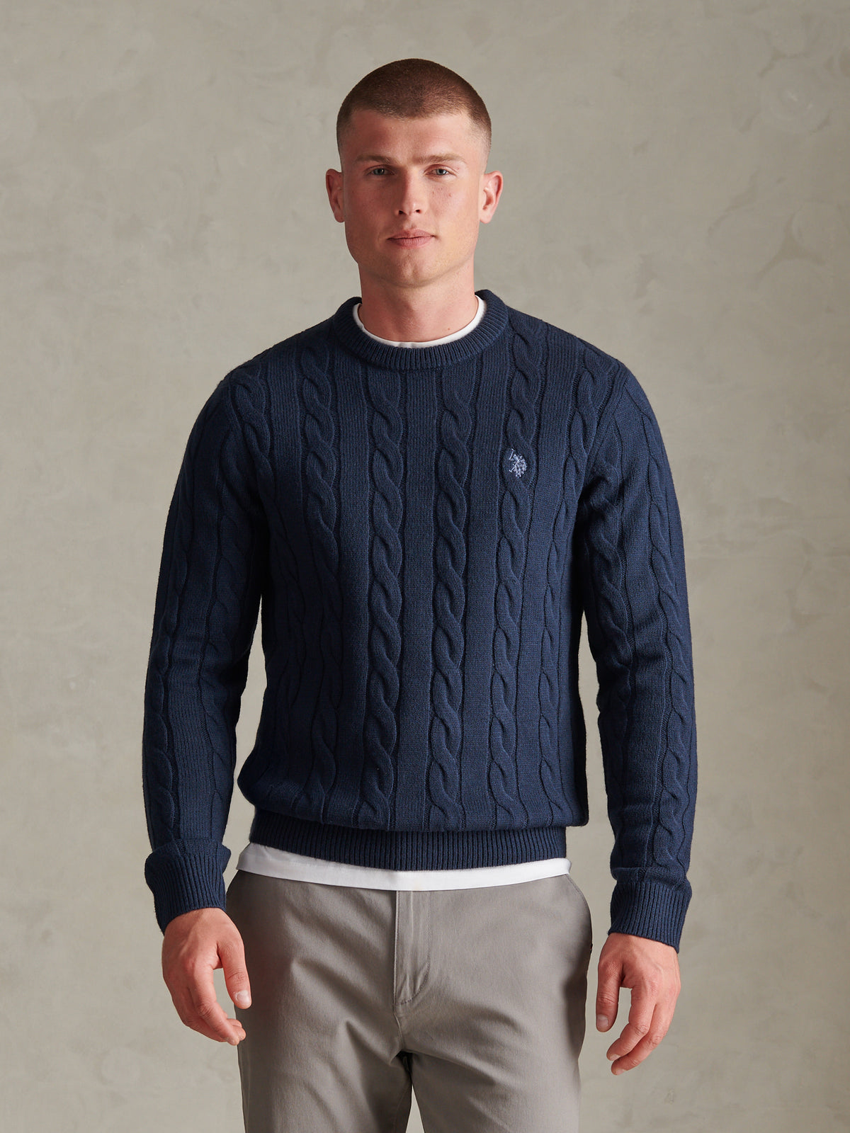 Mens Cable Knit Crew Neck Jumper Dark Sapphire Navy / Moonlight Blue DHM