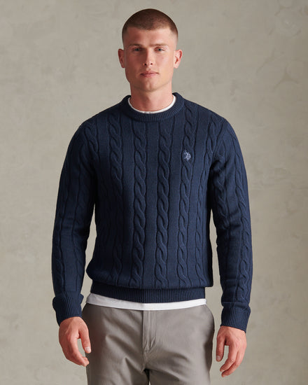 Mens Cable Knit Crew Neck Jumper Dark Sapphire Navy / Moonlight Blue DHM