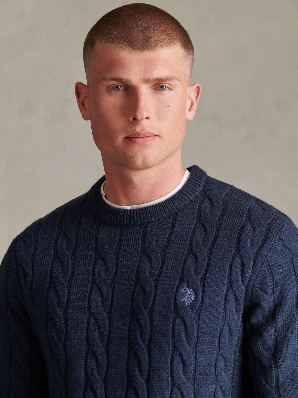 Mens Cable Knit Crew Neck Jumper Dark Sapphire Navy / Moonlight Blue DHM