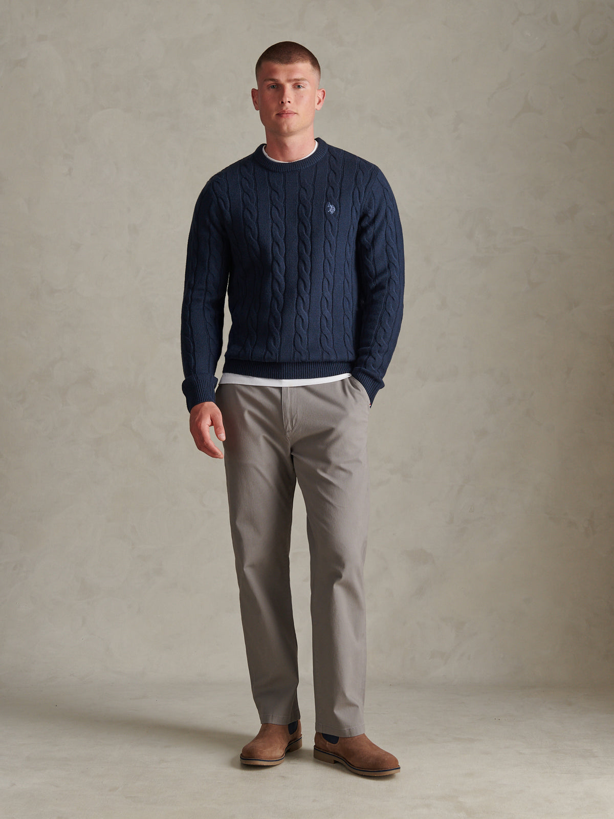 Mens Cable Knit Crew Neck Jumper Dark Sapphire Navy / Moonlight Blue DHM