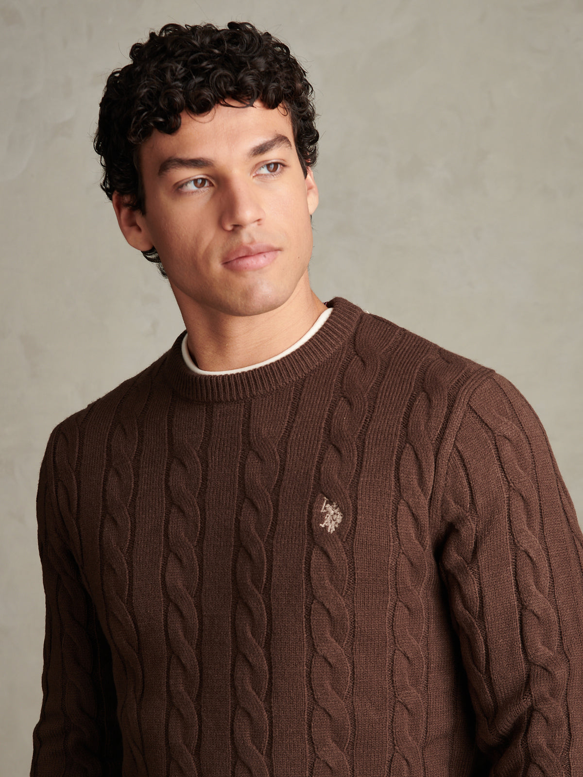 Mens Cable Knit Crew Neck Jumper Bracken