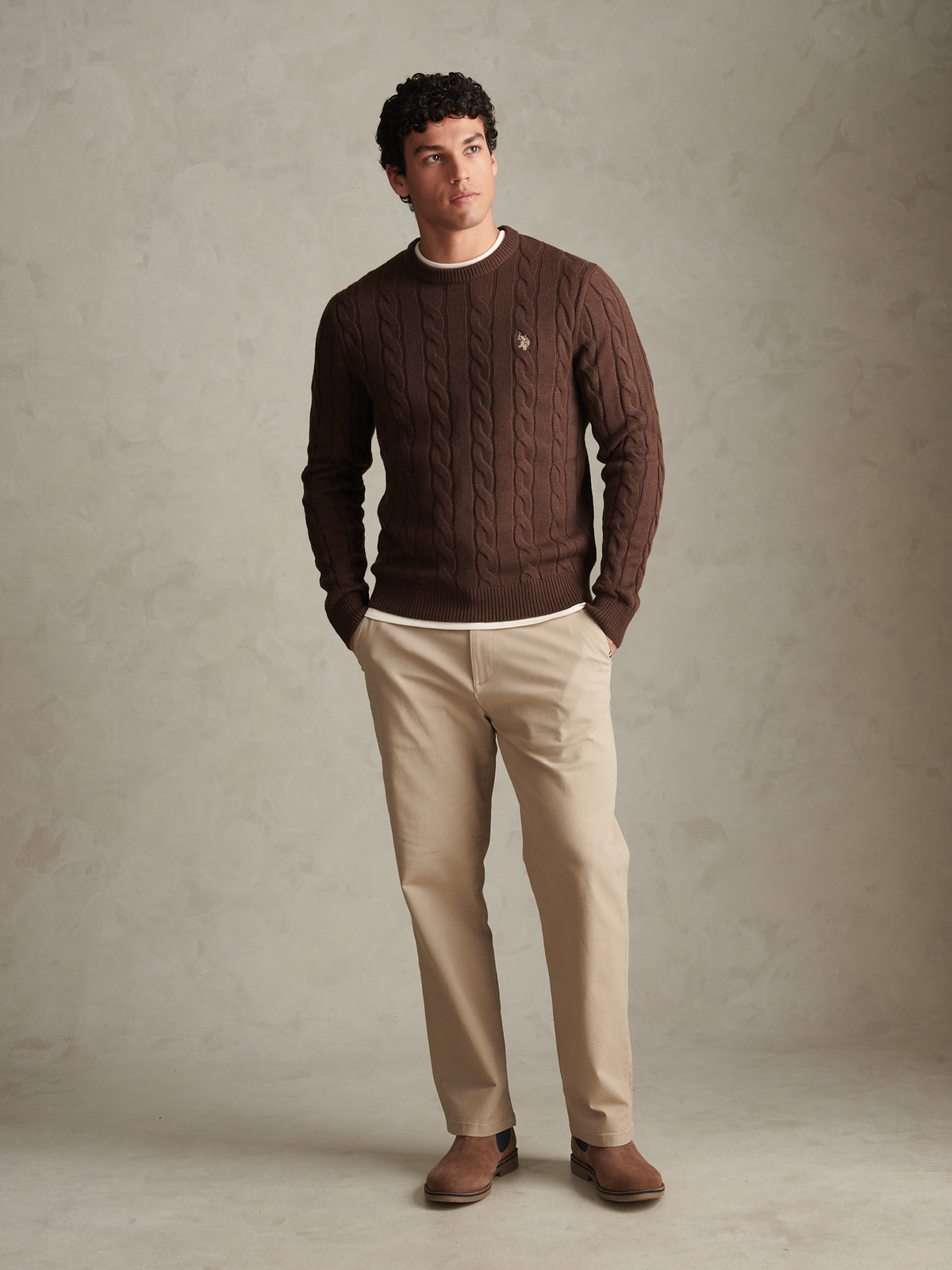 Mens Cable Knit Crew Neck Jumper Bracken