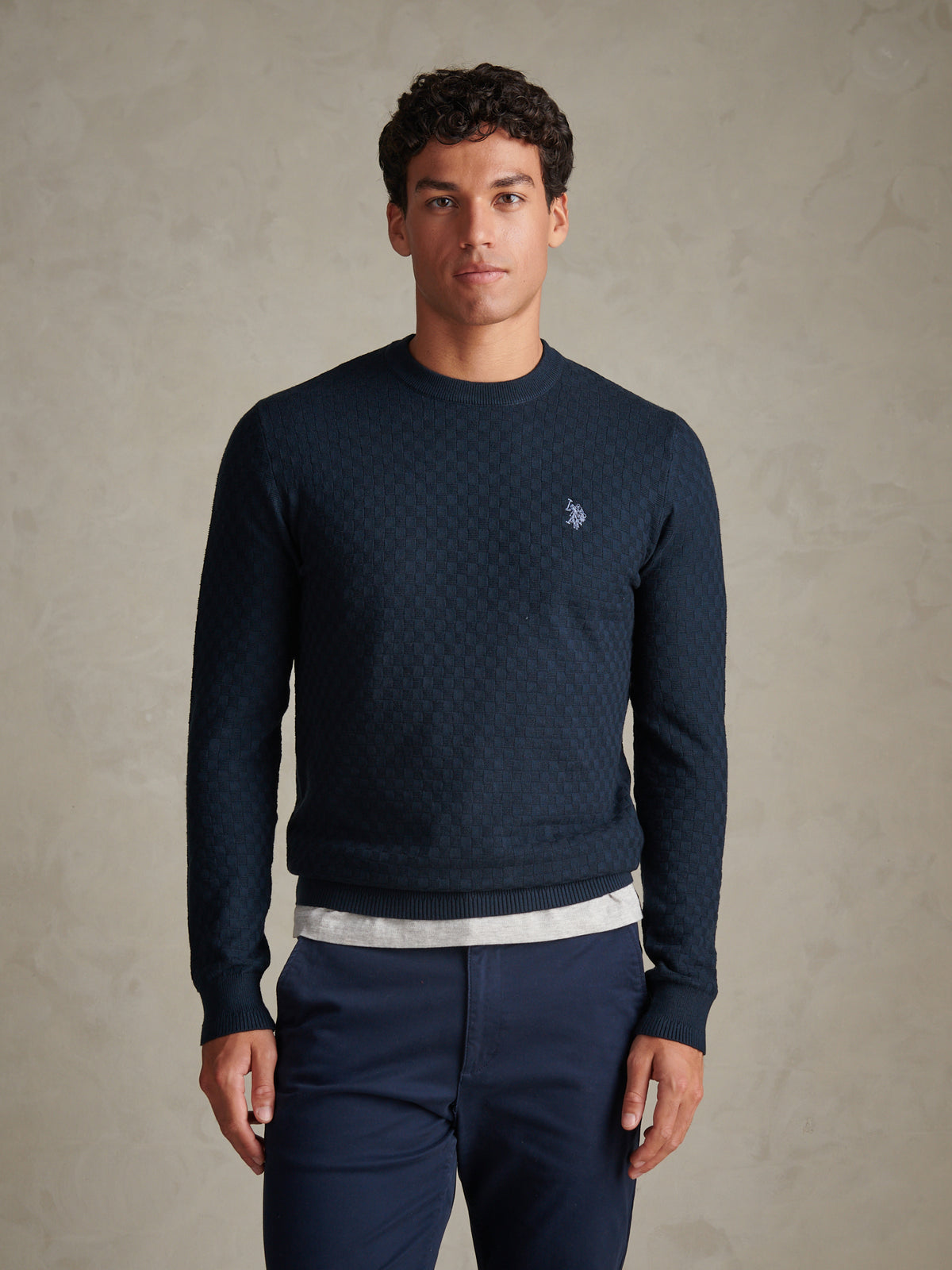 Mens Textured Checkerboard Crew Neck Knit Dark Sapphire Navy / Moonlight Blue DHM