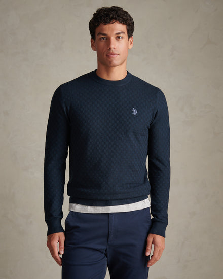 Mens Textured Checkerboard Crew Neck Knit Dark Sapphire Navy / Moonlight Blue DHM