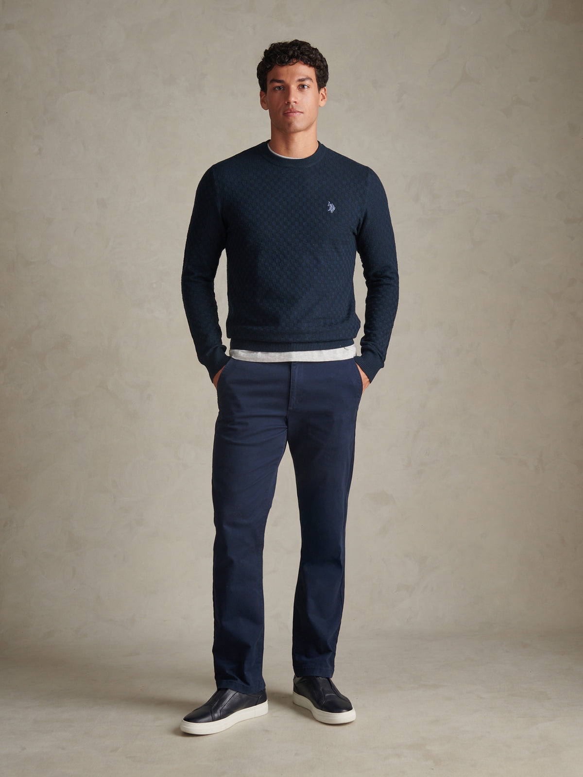 Mens Textured Checkerboard Crew Neck Knit Dark Sapphire Navy / Moonlight Blue DHM