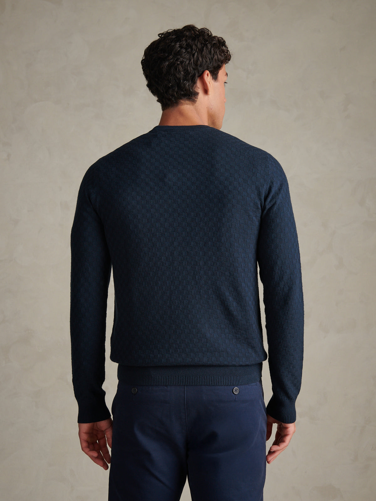 Mens Textured Checkerboard Crew Neck Knit Dark Sapphire Navy / Moonlight Blue DHM