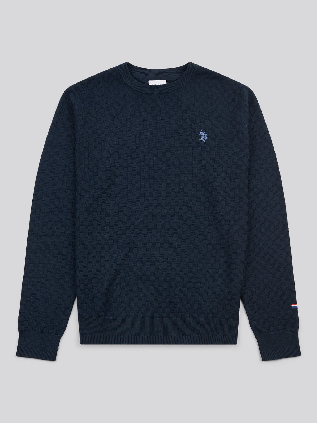 Mens Textured Checkerboard Crew Neck Knit Dark Sapphire Navy / Moonlight Blue DHM