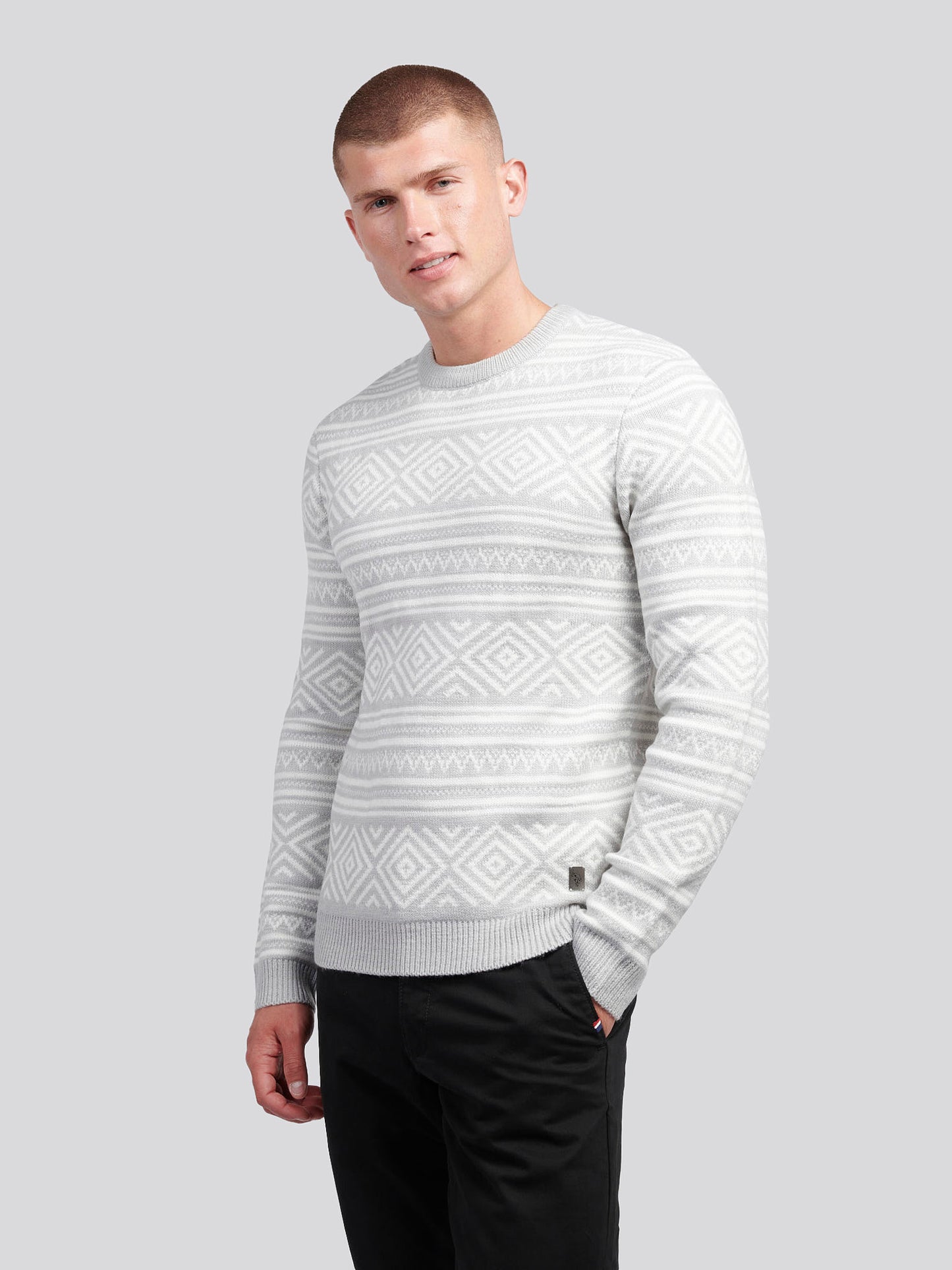 Mens Fairisle Crew Neck in Mid Grey Marl