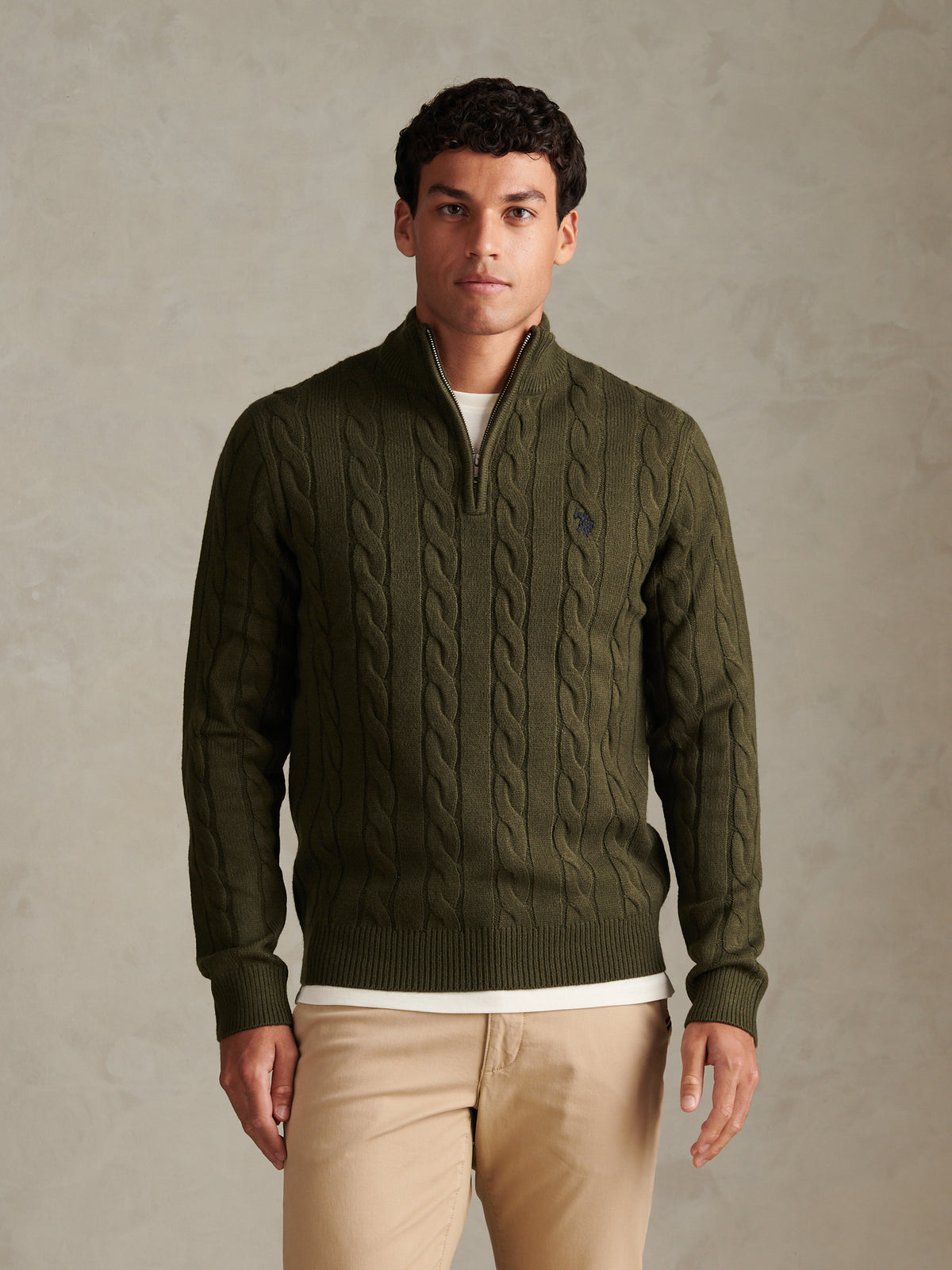 Mens Cable Knit Quarter-Zip Funnel Neck Jumper Forest Night
