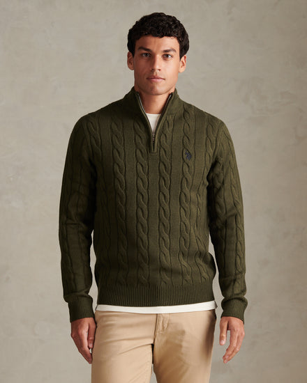 Mens Cable Knit Quarter-Zip Funnel Neck Jumper Forest Night