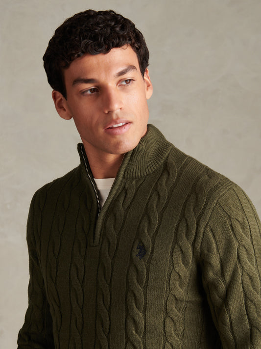 Mens Cable Knit Quarter-Zip Funnel Neck Jumper Forest Night
