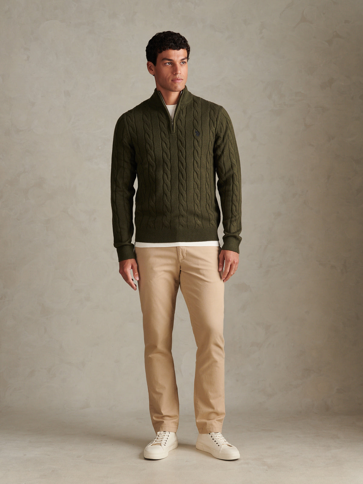 Mens Cable Knit Quarter-Zip Funnel Neck Jumper Forest Night