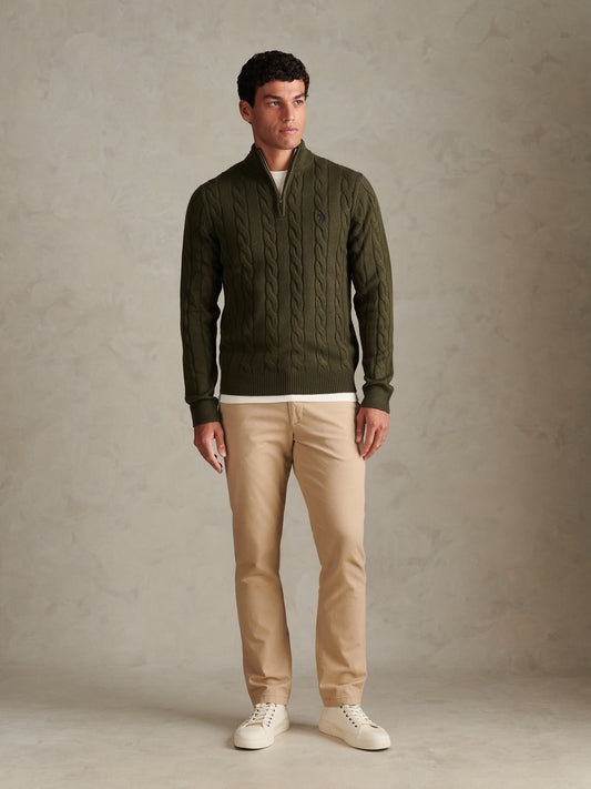 Mens Cable Knit Quarter-Zip Funnel Neck Jumper Forest Night