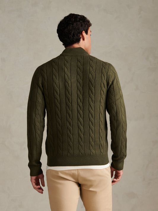 Mens Cable Knit Quarter-Zip Funnel Neck Jumper Forest Night