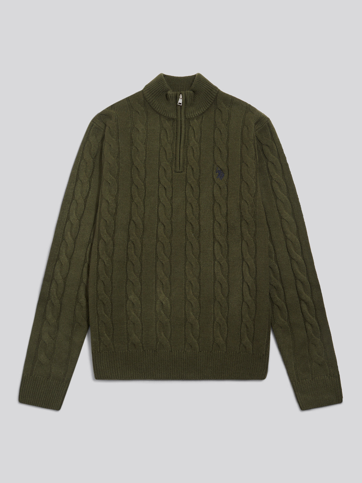 Mens Cable Knit Quarter-Zip Funnel Neck Jumper Forest Night