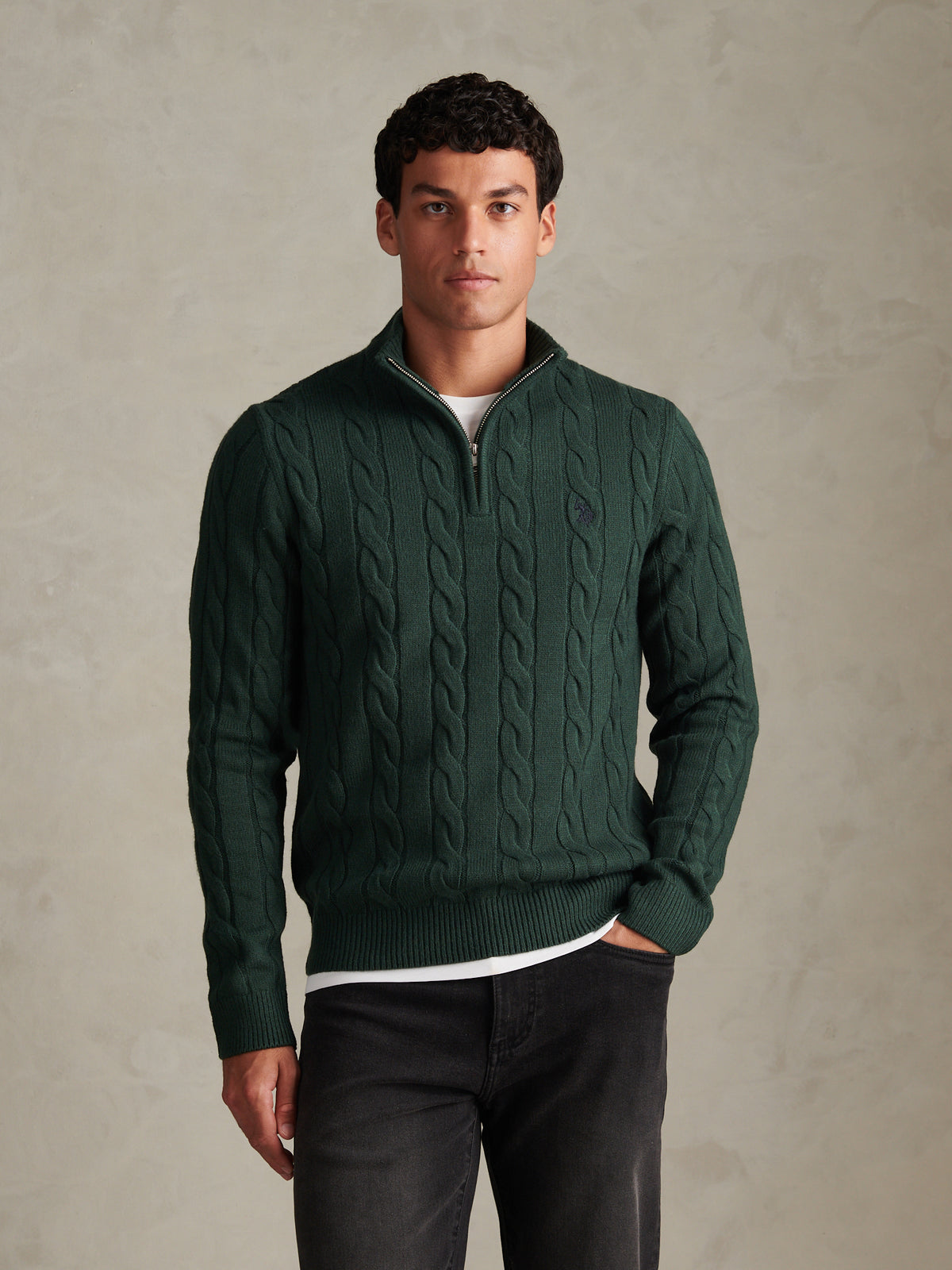Mens Cable Knit Quarter-Zip Funnel Neck Jumper Green Gables