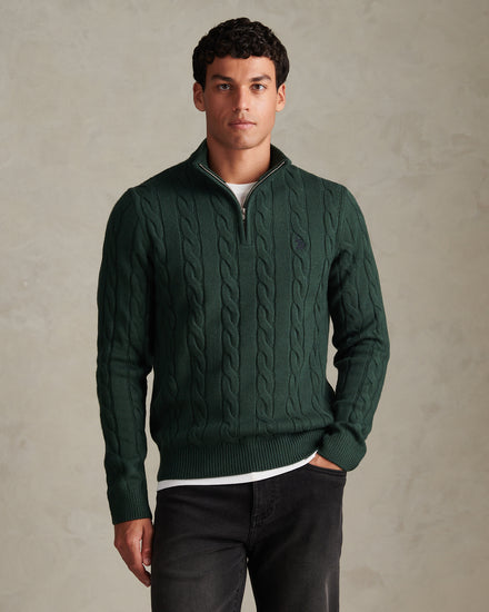 Mens Cable Knit Quarter-Zip Funnel Neck Jumper Green Gables