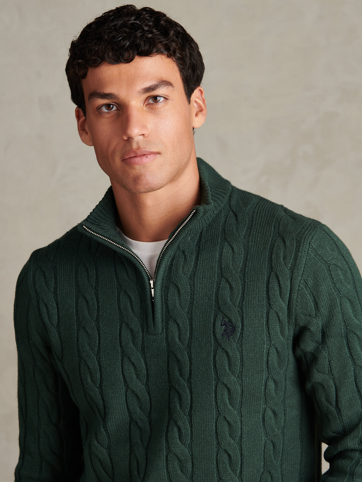 Mens Cable Knit Quarter-Zip Funnel Neck Jumper Green Gables