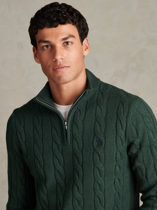 Mens Cable Knit Quarter-Zip Funnel Neck Jumper Green Gables