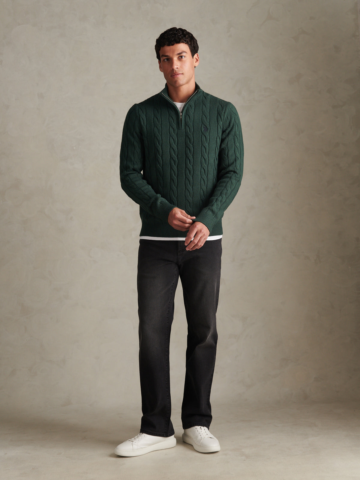 Mens Cable Knit Quarter-Zip Funnel Neck Jumper Green Gables