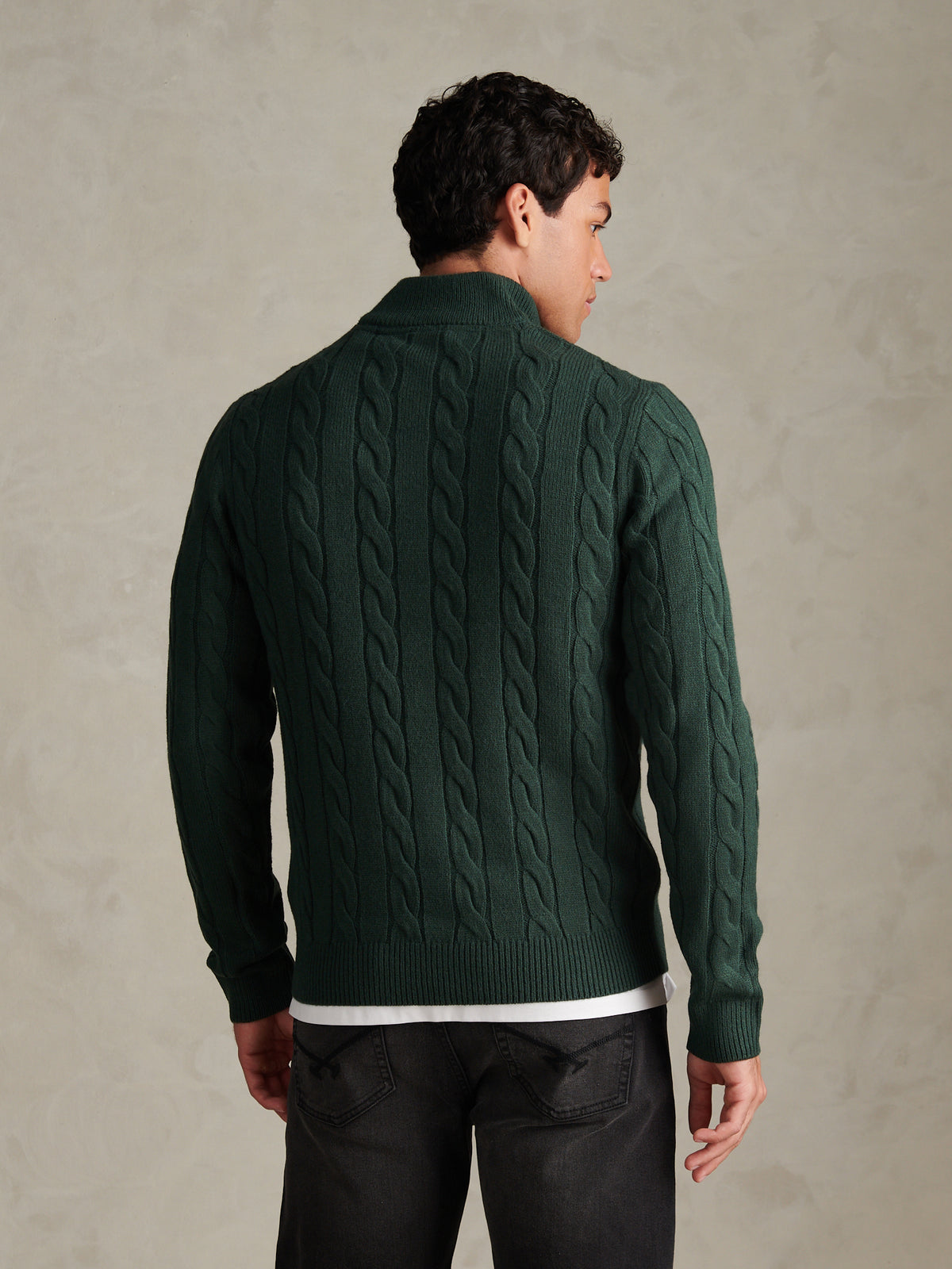 Mens Cable Knit Quarter-Zip Funnel Neck Jumper Green Gables