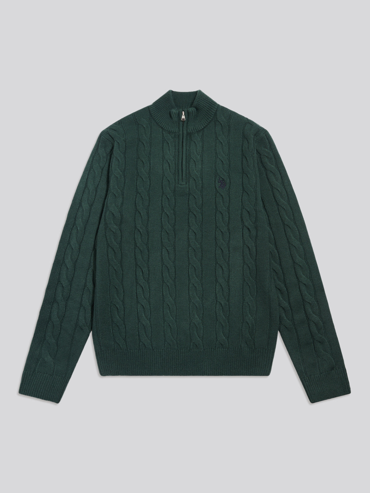 Mens Cable Knit Quarter-Zip Funnel Neck Jumper Green Gables