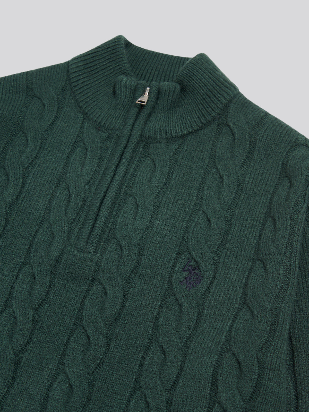 Mens Cable Knit Quarter-Zip Funnel Neck Jumper Green Gables