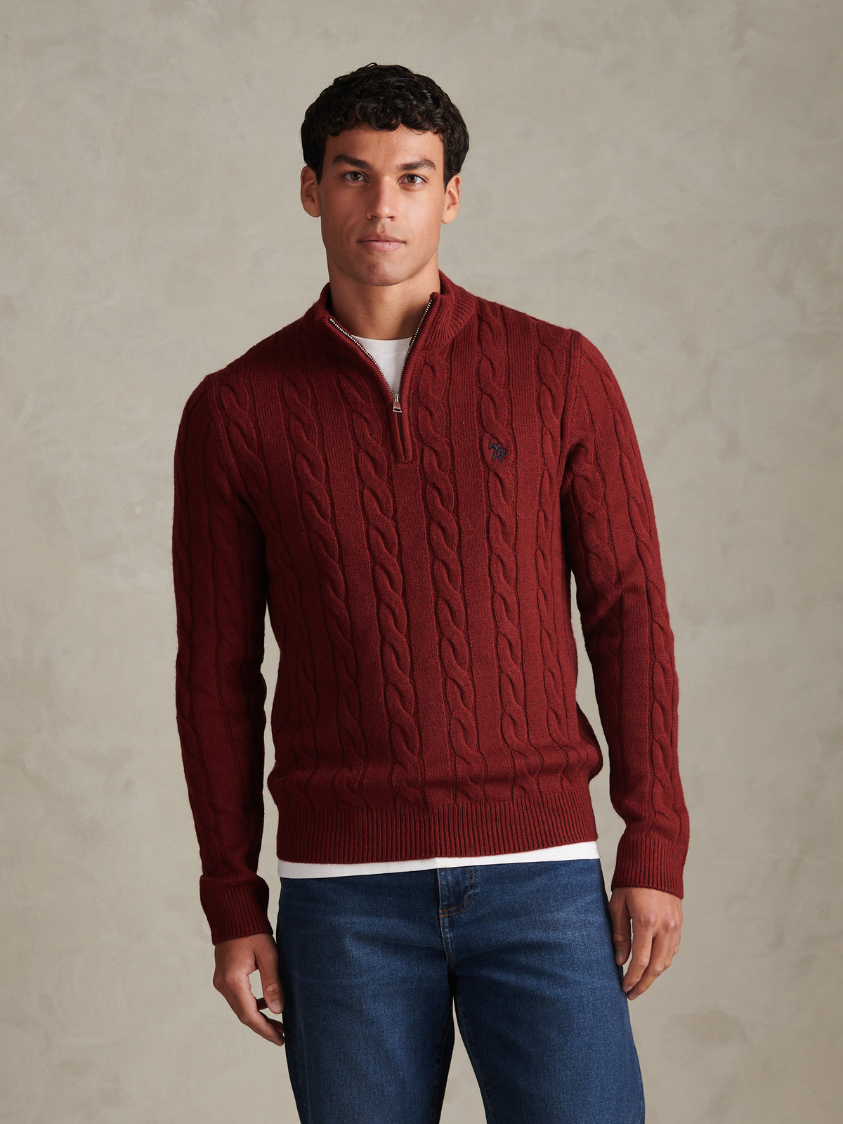 Mens Cable Knit Quarter-Zip Funnel Neck Jumper Cabernet