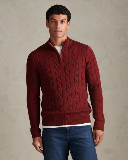 Mens Cable Knit Quarter-Zip Funnel Neck Jumper Cabernet