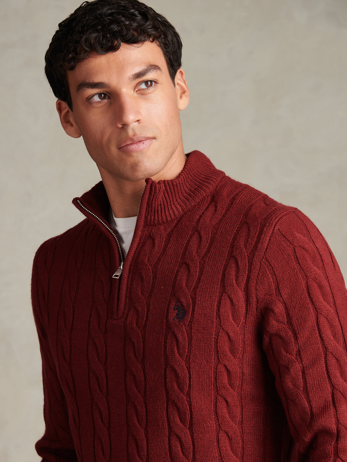 Mens Cable Knit Quarter-Zip Funnel Neck Jumper Cabernet