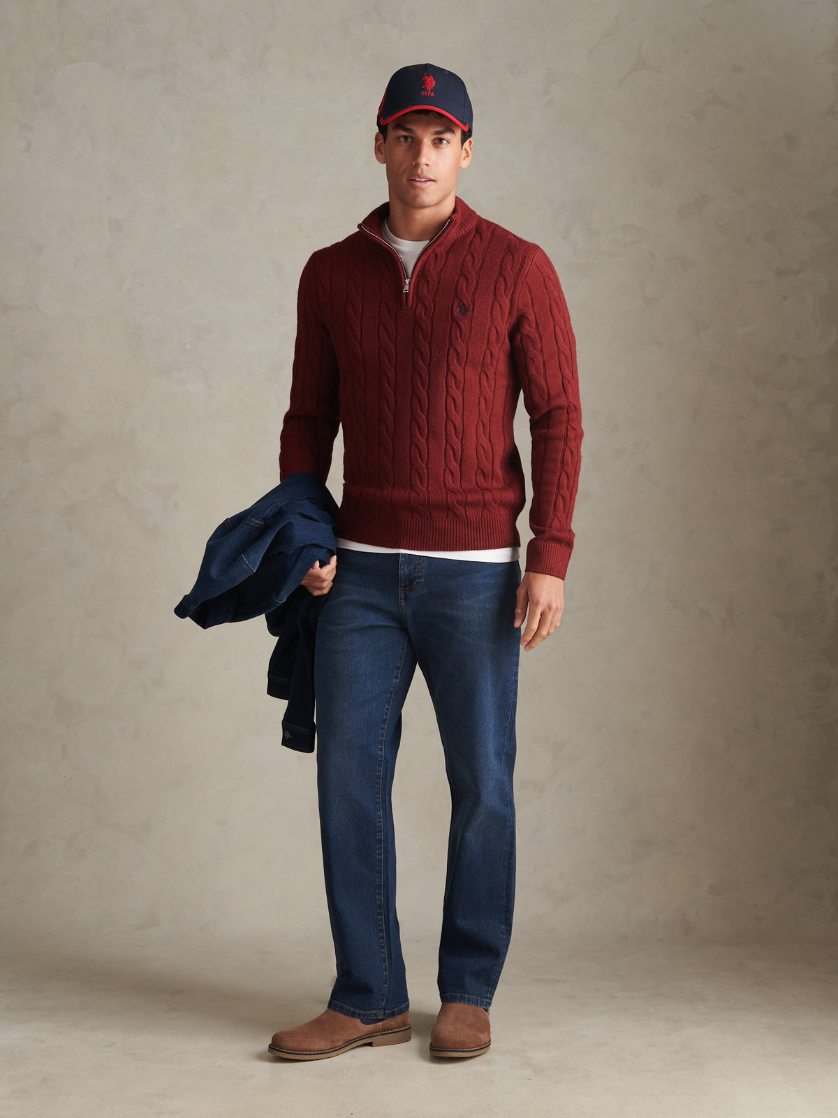 Mens Cable Knit Quarter-Zip Funnel Neck Jumper Cabernet