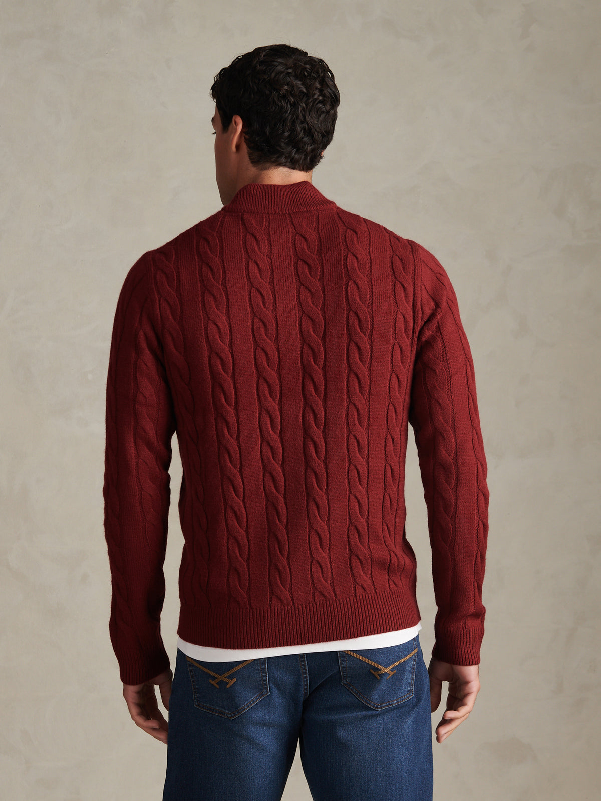 Mens Cable Knit Quarter-Zip Funnel Neck Jumper Cabernet