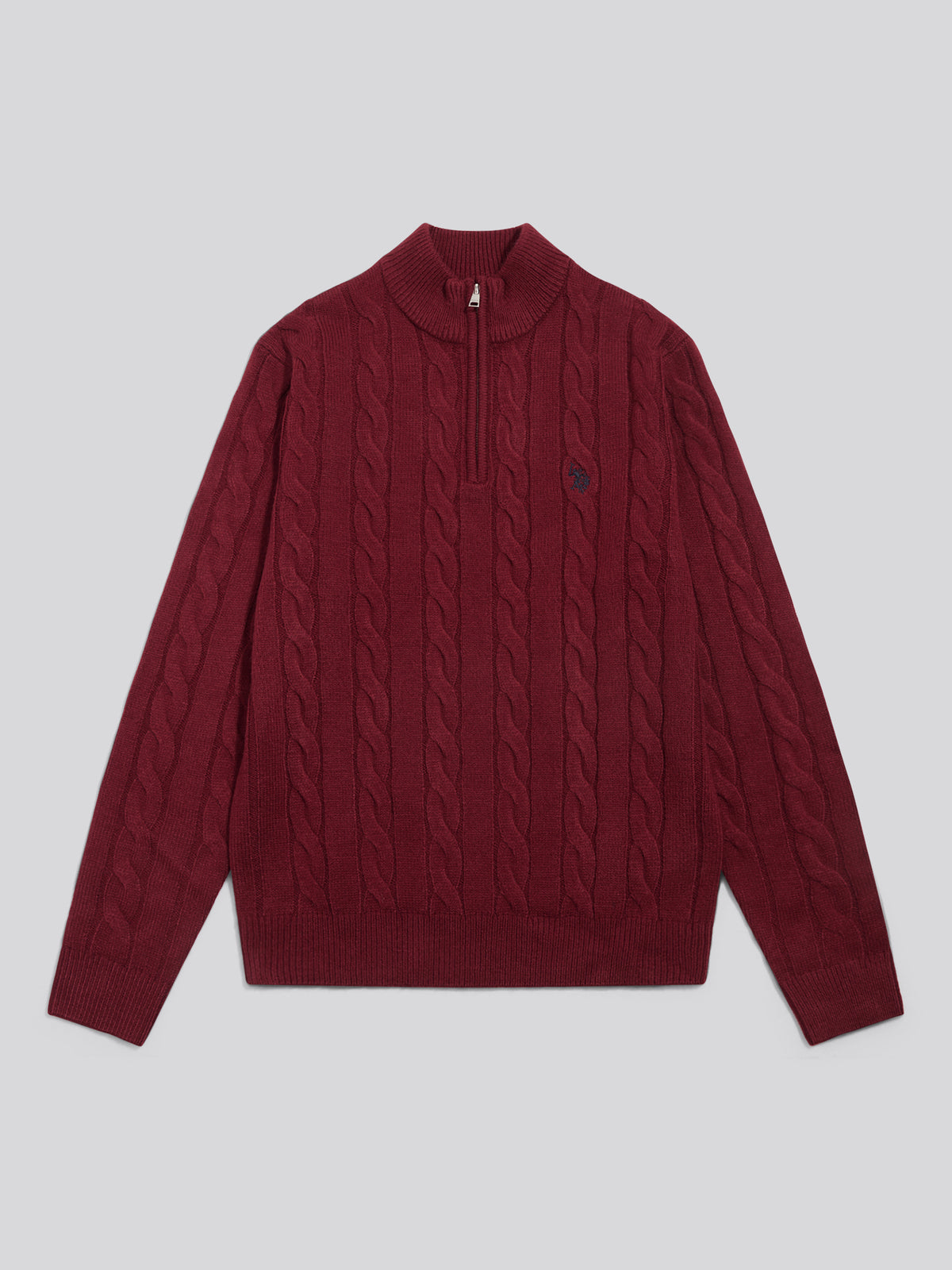 Mens Cable Knit Quarter-Zip Funnel Neck Jumper Cabernet