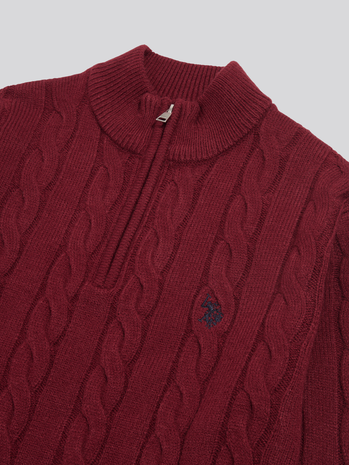 Mens Cable Knit Quarter-Zip Funnel Neck Jumper Cabernet