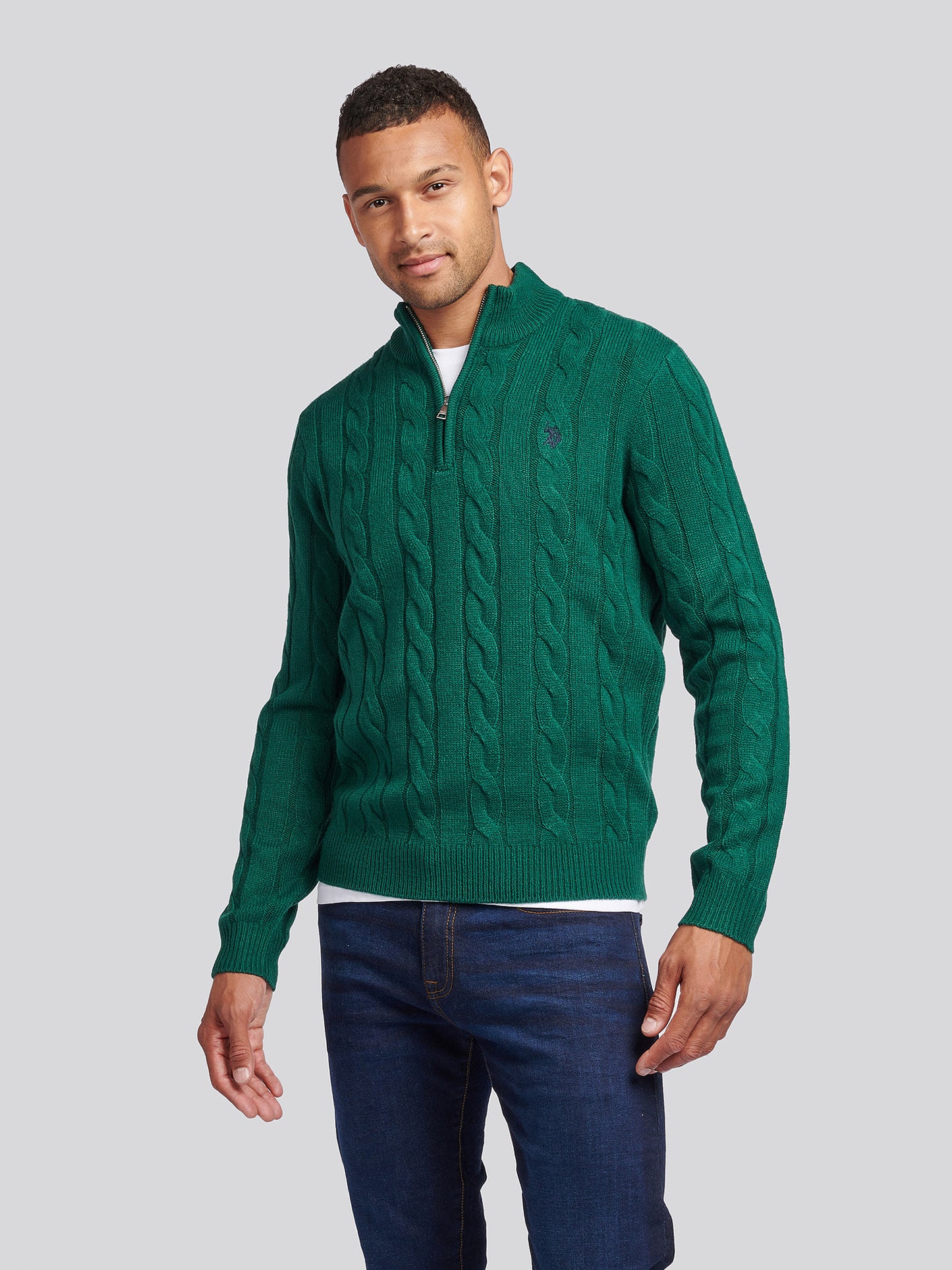 Mens Cable Knit Funnel Neck in Rain Forest