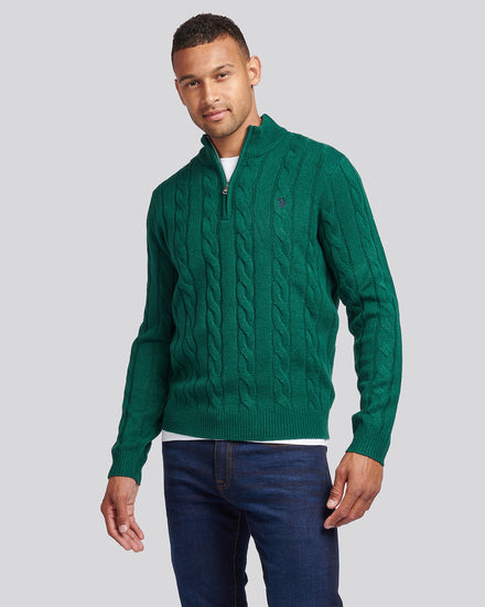 Mens Cable Knit Funnel Neck in Rain Forest