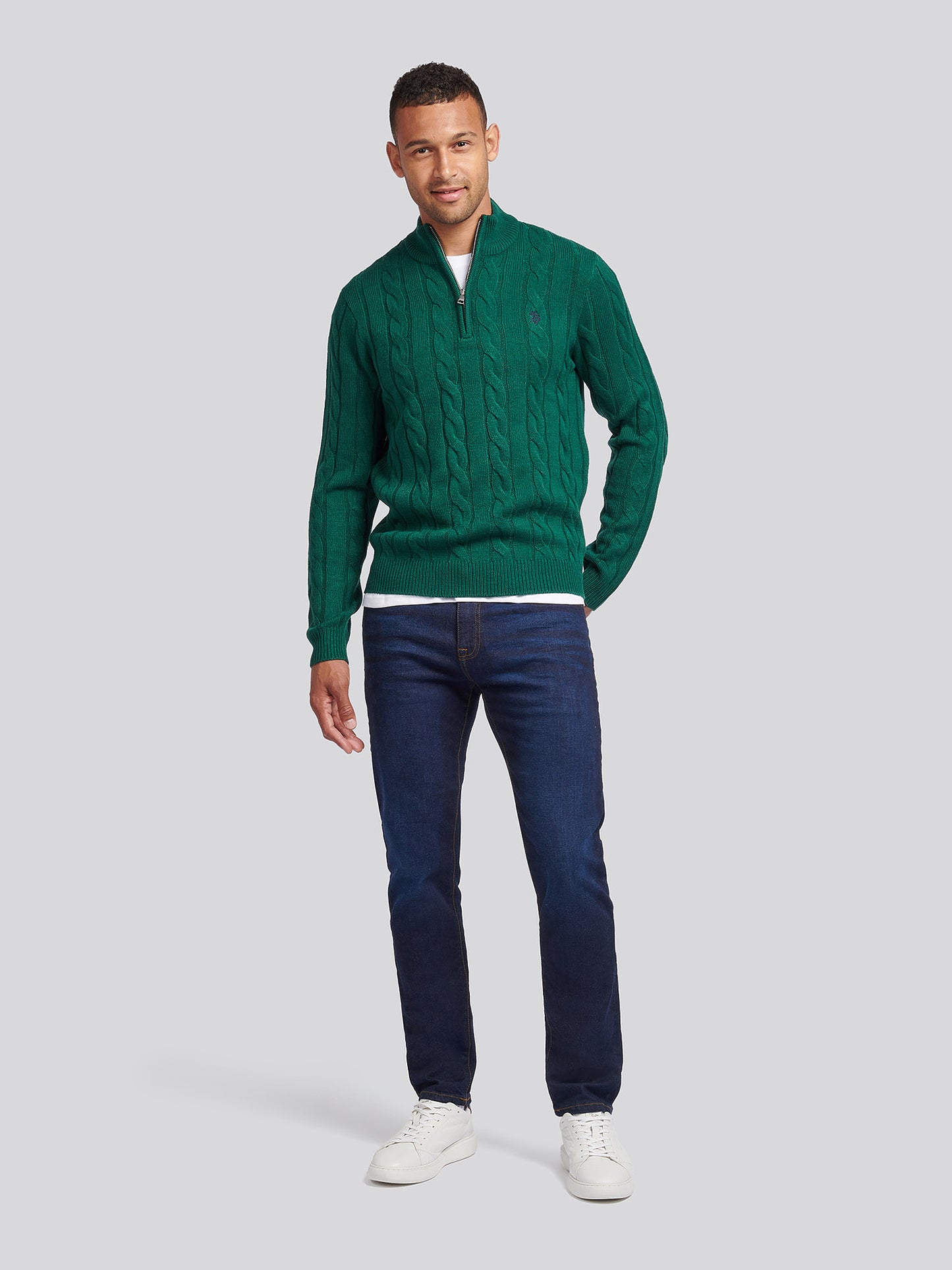 Mens Cable Knit Funnel Neck in Rain Forest