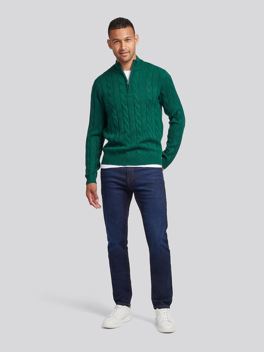 Mens Cable Knit Funnel Neck in Rain Forest