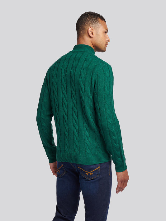 Mens Cable Knit Funnel Neck in Rain Forest