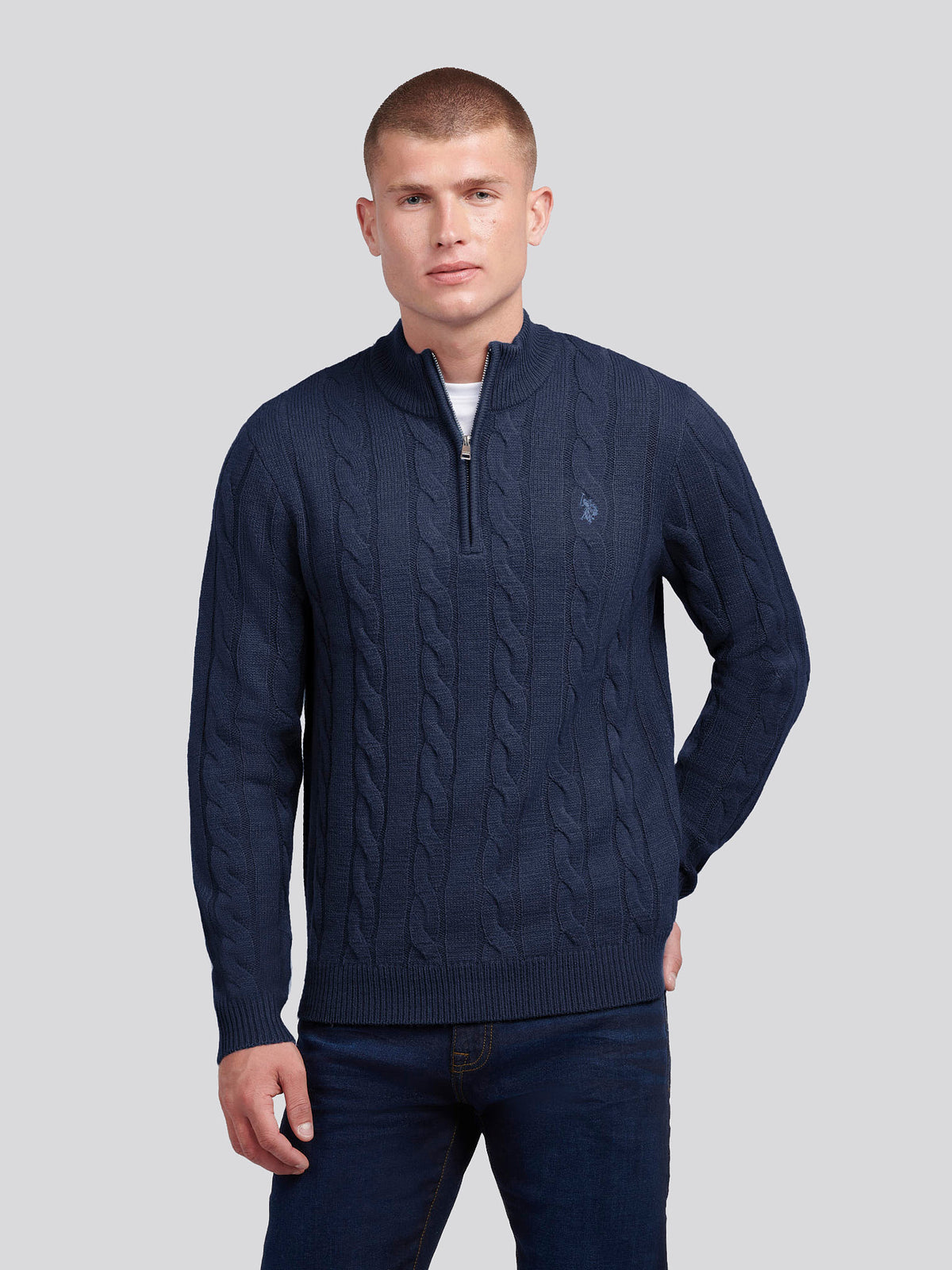 Mens Cable Knit Quarter-Zip Funnel Neck Jumper Dark Sapphire Navy / Moonlight Blue DHM