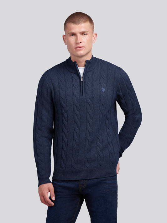 Mens Cable Knit Quarter-Zip Funnel Neck Jumper Dark Sapphire Navy / Moonlight Blue DHM