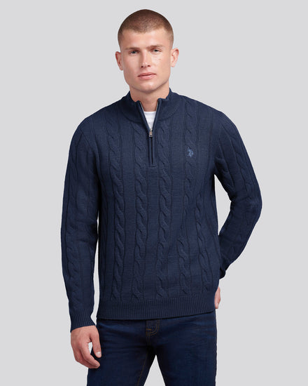 Mens Cable Knit Quarter-Zip Funnel Neck Jumper Dark Sapphire Navy / Moonlight Blue DHM