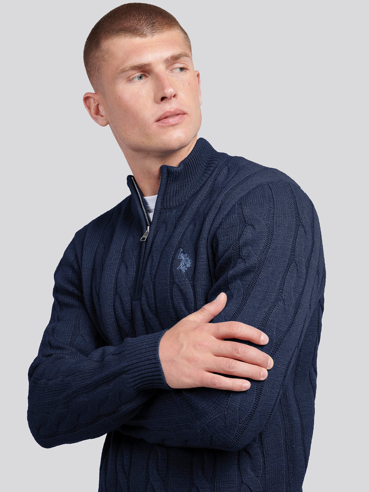 Mens Cable Knit Quarter-Zip Funnel Neck Jumper Dark Sapphire Navy / Moonlight Blue DHM