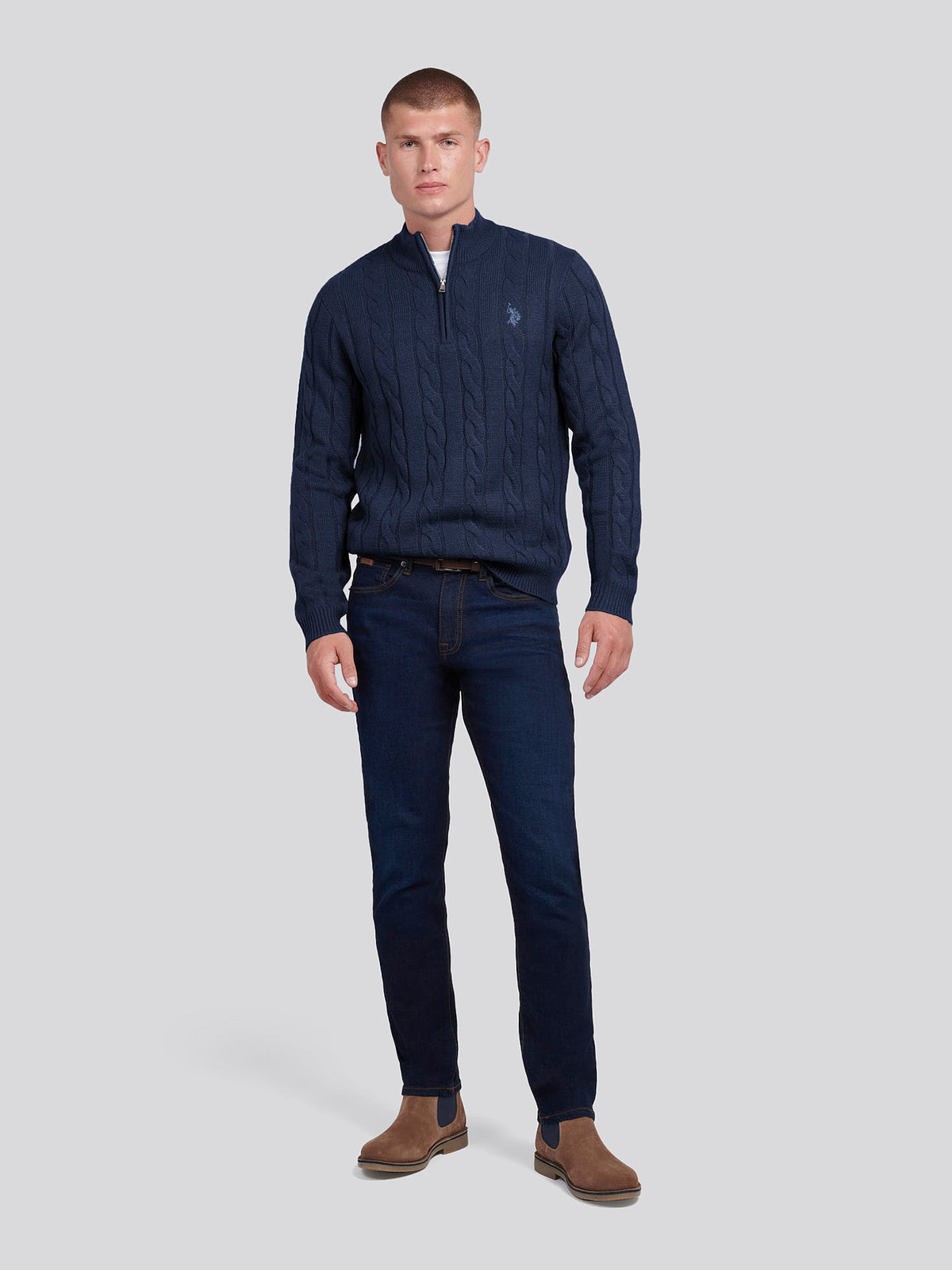 Mens Cable Knit Quarter-Zip Funnel Neck Jumper Dark Sapphire Navy / Moonlight Blue DHM