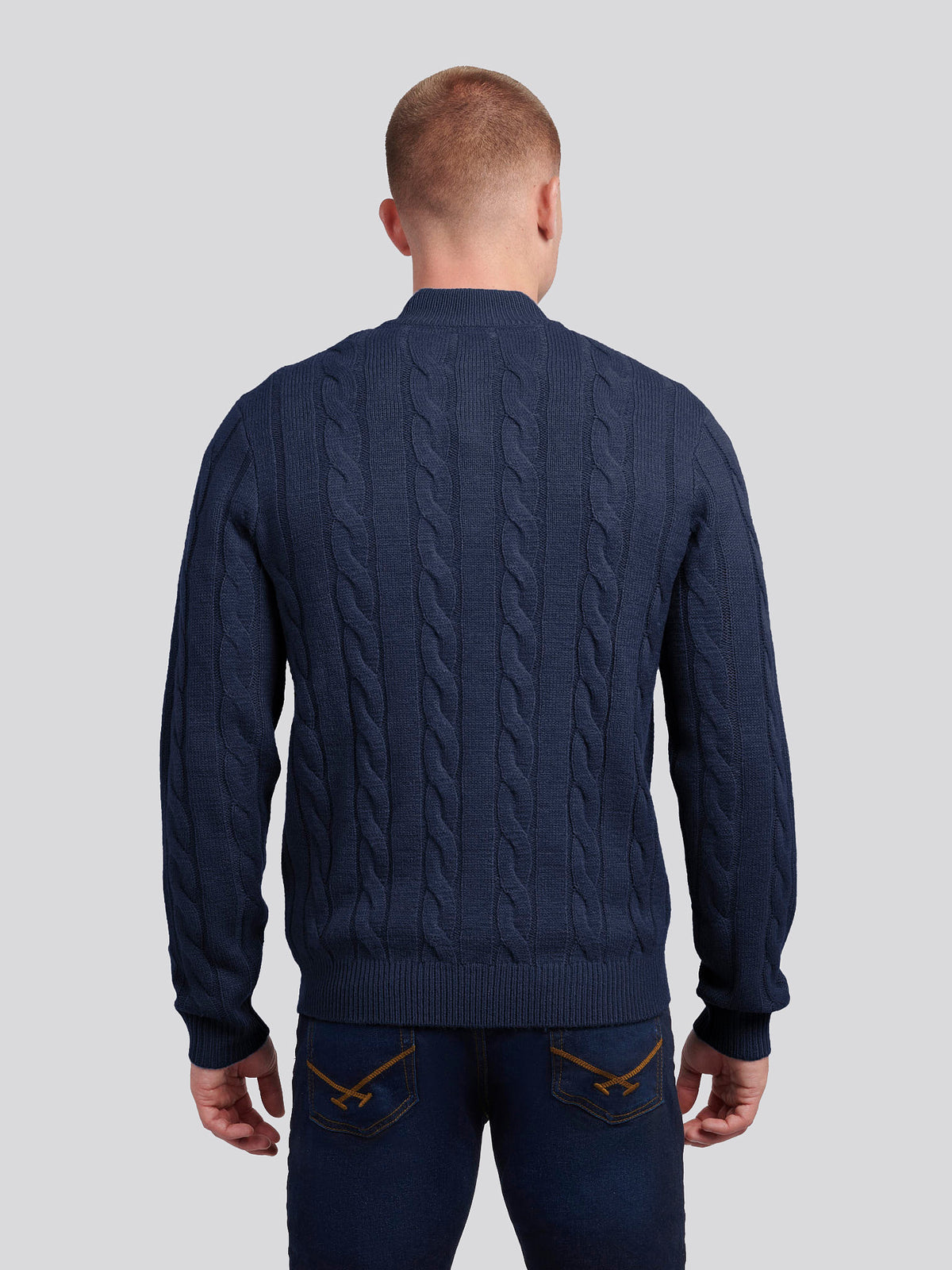 Mens Cable Knit Quarter-Zip Funnel Neck Jumper Dark Sapphire Navy / Moonlight Blue DHM