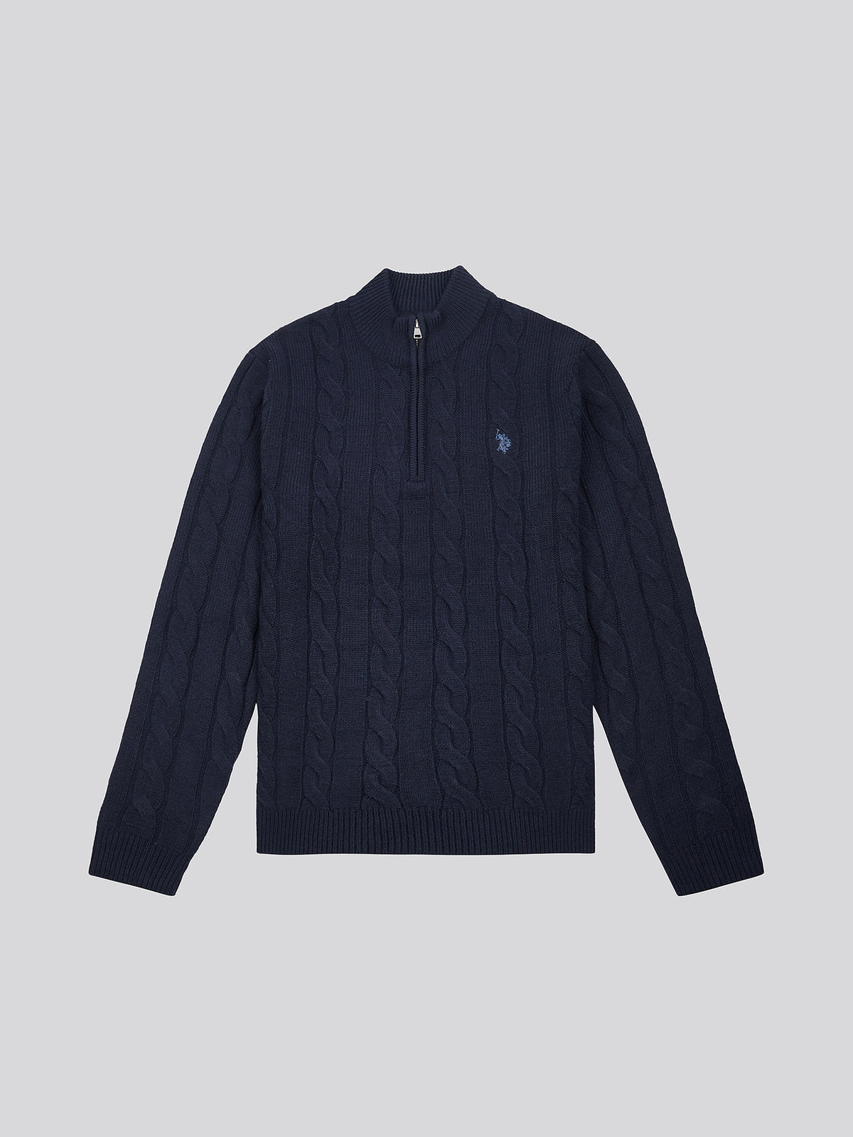 Mens Cable Knit Quarter-Zip Funnel Neck Jumper Dark Sapphire Navy / Moonlight Blue DHM