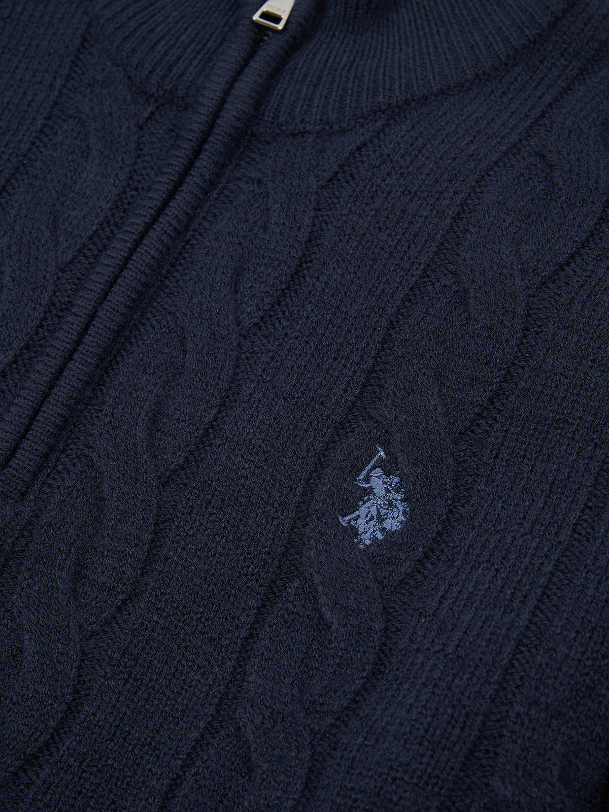 Mens Cable Knit Quarter-Zip Funnel Neck Jumper Dark Sapphire Navy / Moonlight Blue DHM